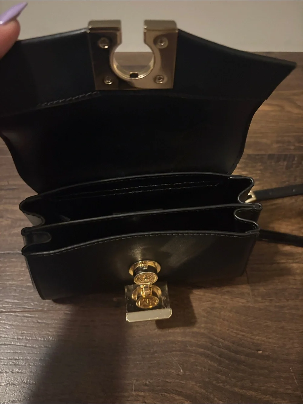 Michael Kors Black Leather Crossbody with Gold Chain and MK Charm